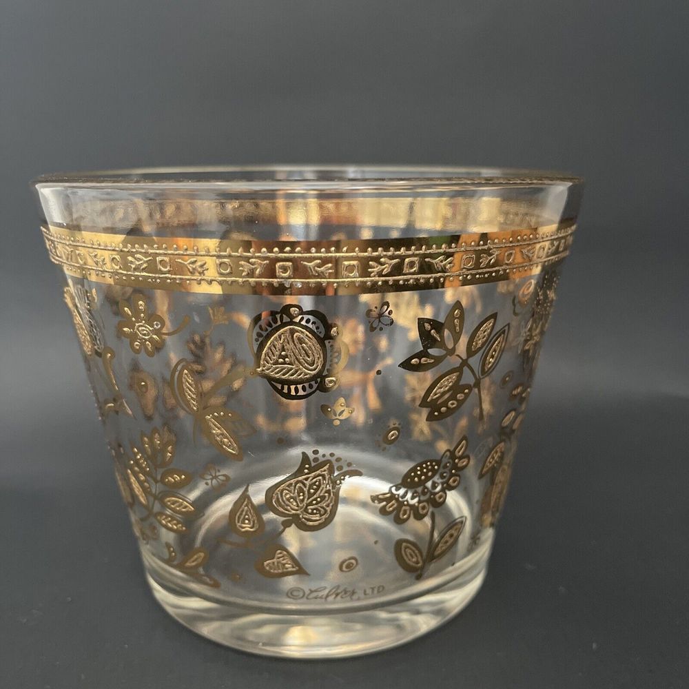 MCM Culver 22k Embossed Gold Chantilly Floral Fruit Glass Ice Bucket Barware